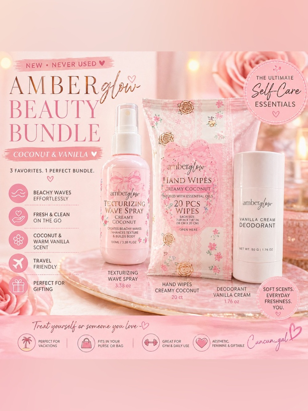 NEW Amber Glow Coconut & Vanilla Beauty Bundle Wave Spray + Wipes + Deodorant